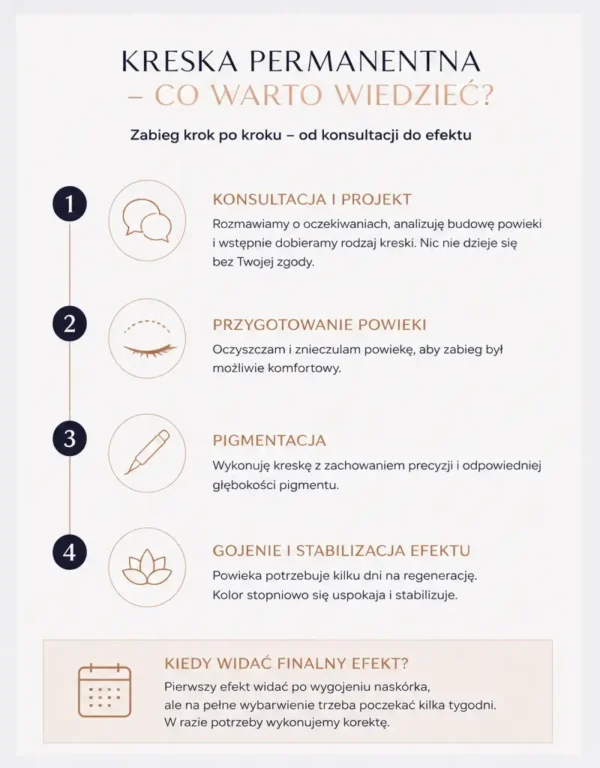 infografika jak wygląda krok po kroku zabieg makijażu permanentnego powiek w gabinecie Katarzyny Jacków